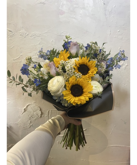 Sunflower and Ranunculus Wrapped Bouquet