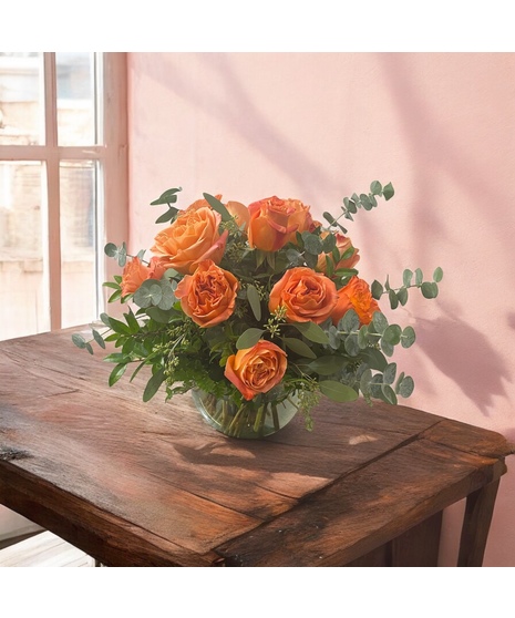 Dozen Coral Roses in Bubble Bowl