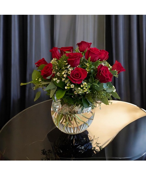 Dozen Red Roses with Filler in Bubble Bowl